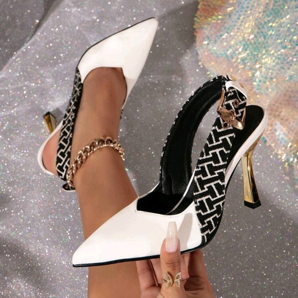 Women' Buckle Closure Pointed Toe Hollow Out Splice Stiletto Heels,White